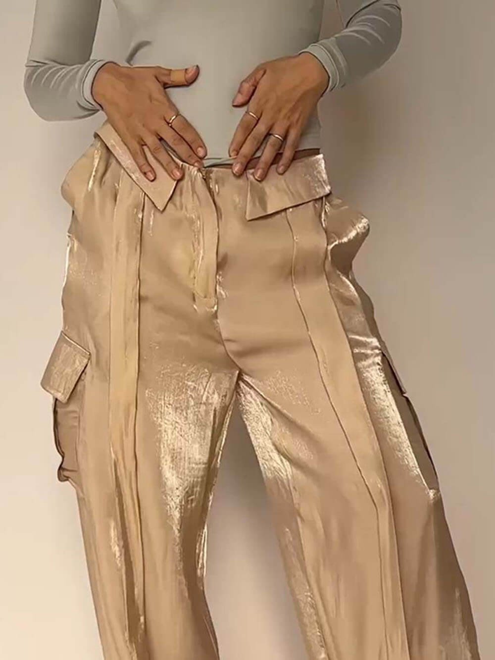 lusailstore - Golden Years Glitter Fabric Drawstring Waist Pocketed Wide Leg Pants