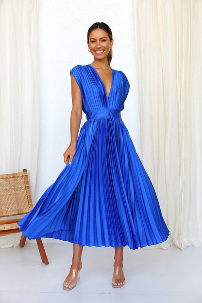 lusailstore - Draped V-Neck Pleated Skirt Dress