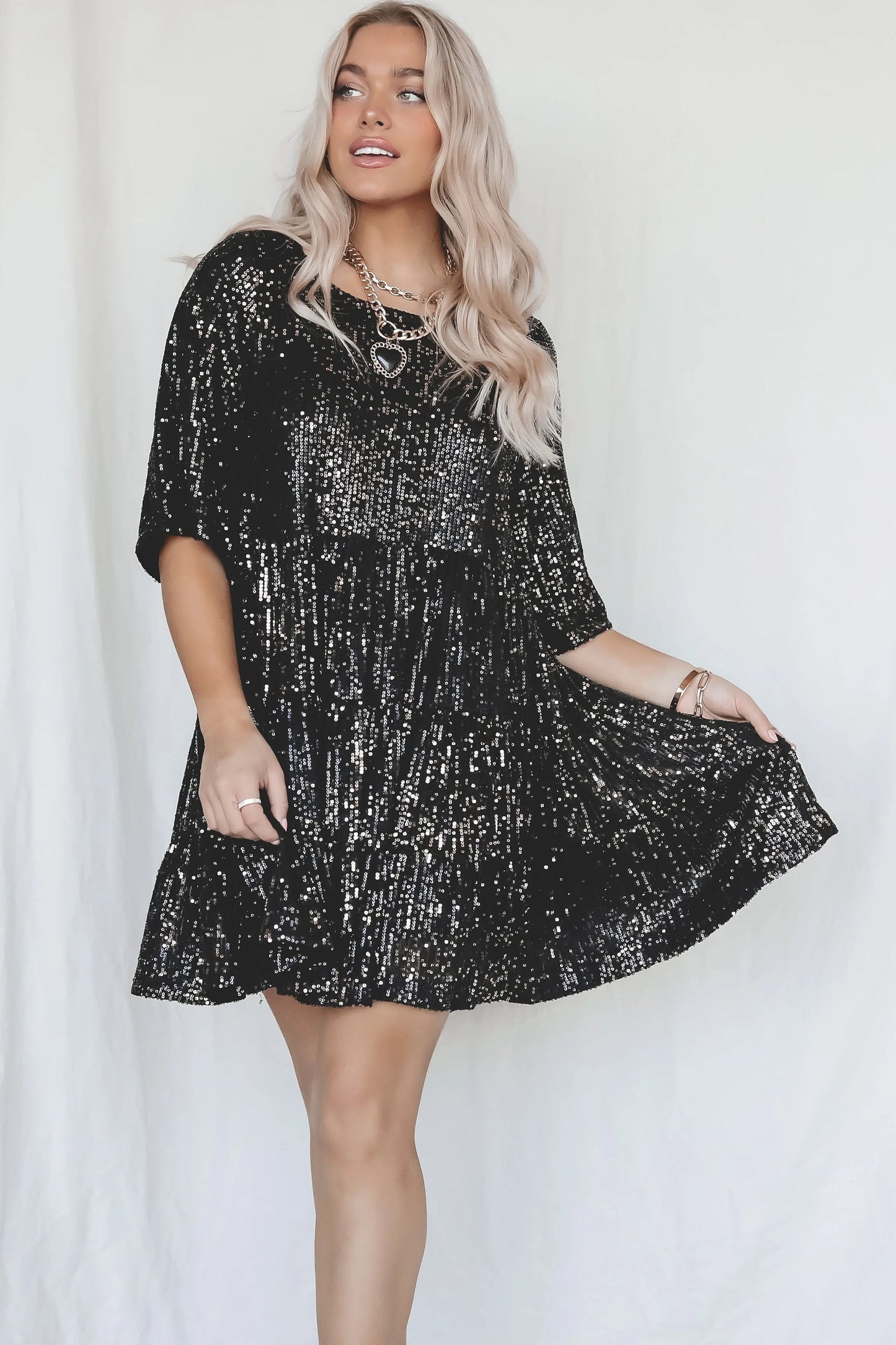 lusailstore- Sequin Baby Doll Dress