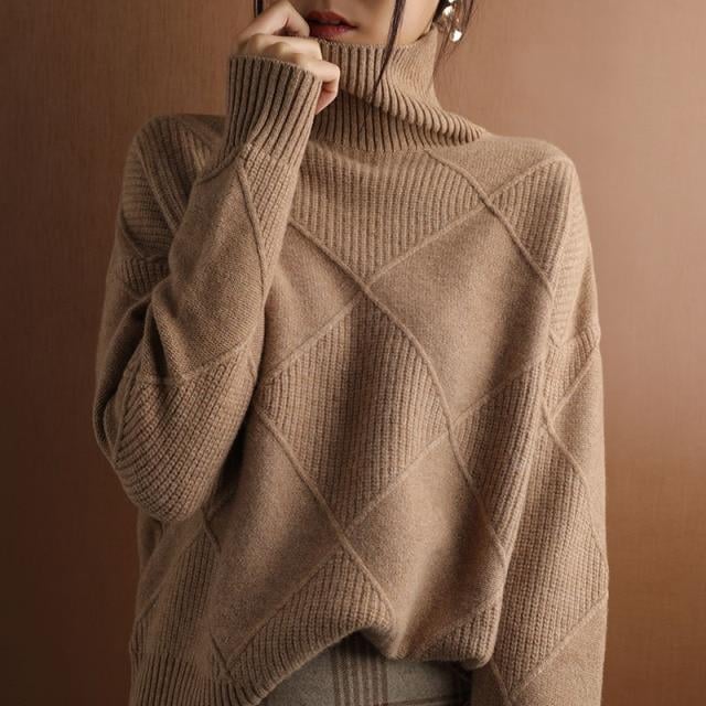 lusailstore - Loose Cashmere Turtleneck Sweater Cardigan