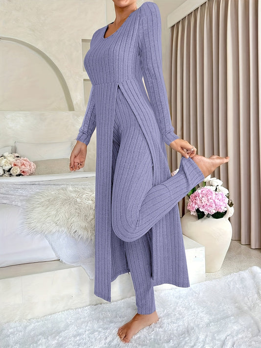 lusailstore - Comfortable Ribbed Round Neck Slit Long-Sleeve Two-Piece Set