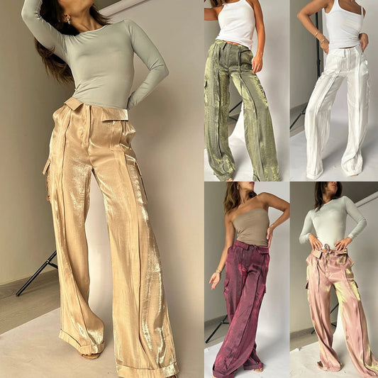 lusailstore - Golden Years Glitter Fabric Drawstring Waist Pocketed Wide Leg Pants