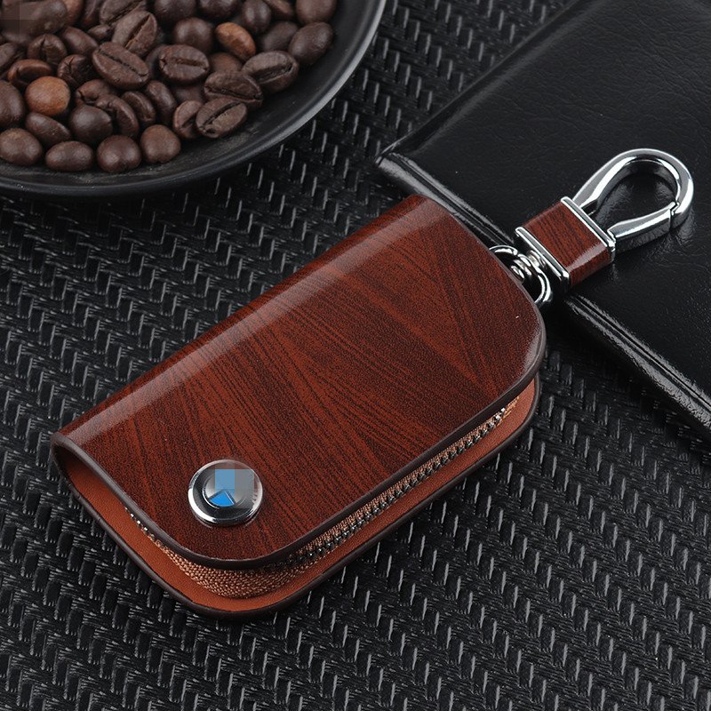 lusailstore - car logo leather wood grain car key case