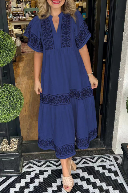lusailstore - Geometric print patchwork V-neck A-line short-sleeved dress