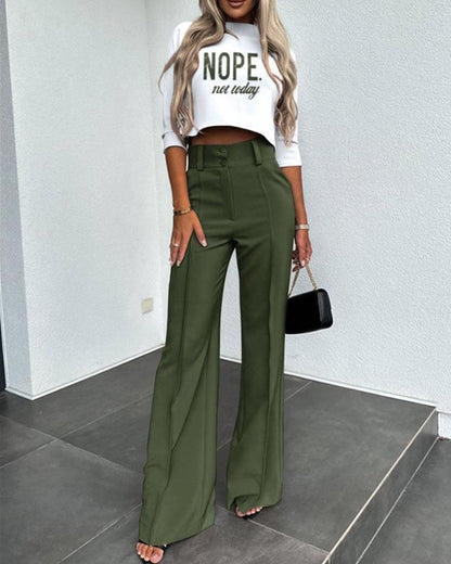 lusailstore- Fashionable solid color high waisted straight pants suit