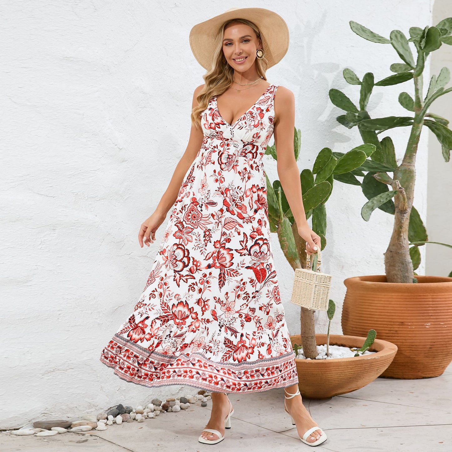 lusailstore - Vintage Floral Print Summer Maxi Dress