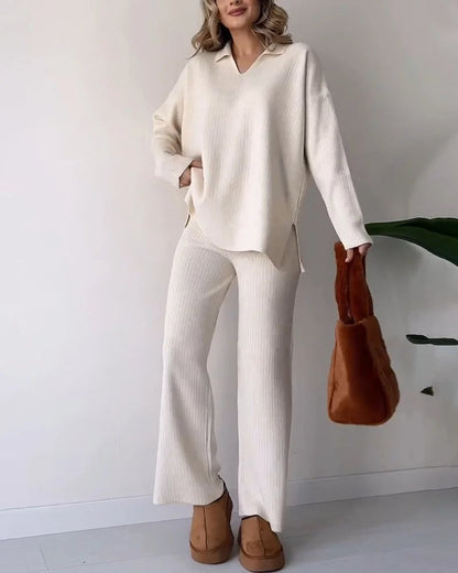 lusailstore - V-neck casual slit knitted two-piece set