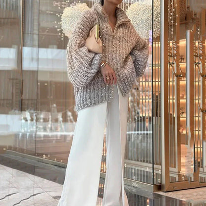 lusailstore - Solid color sequined knitted sweater jacket