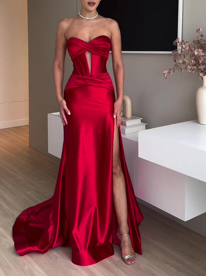lusailstore - strapless slit red evening dress red