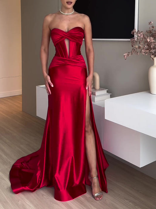 lusailstore - strapless slit red evening dress red