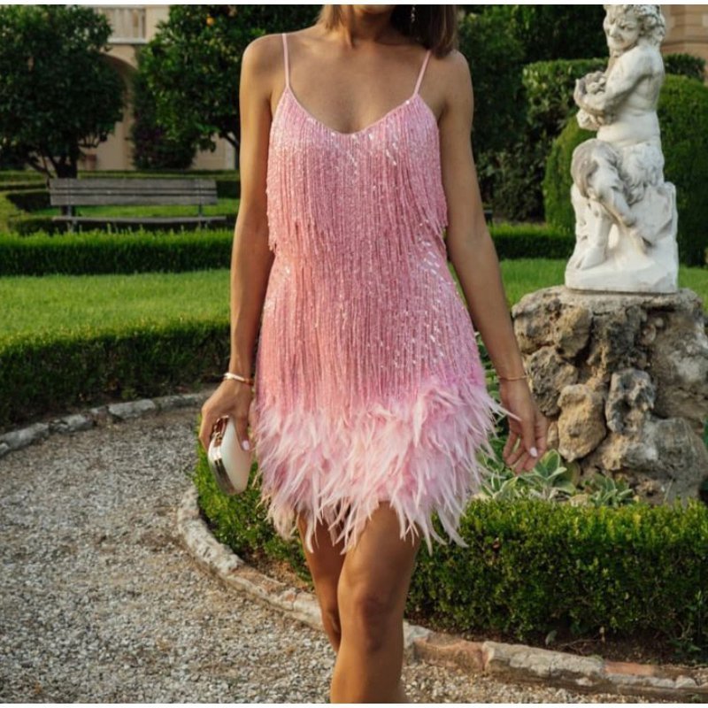 lusailstore - Women's Feather Fringe Sequin Spaghetti Strap Dress