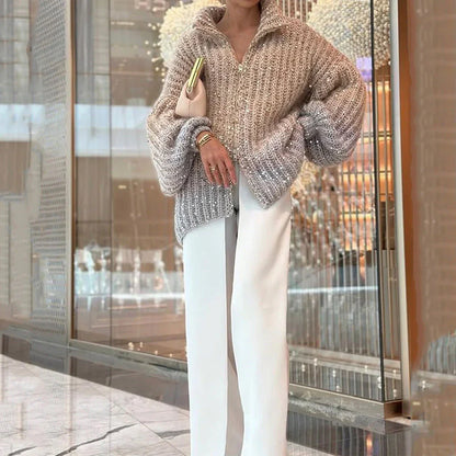 lusailstore - Solid color sequined knitted sweater jacket