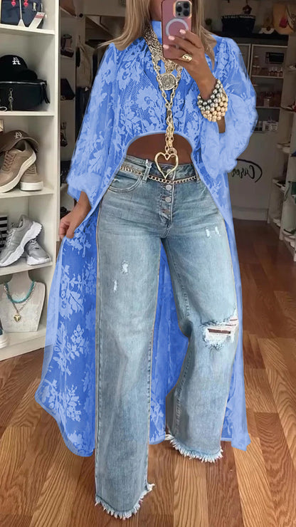 lusailstore - women's round neck lace short-front-long-back casual tops