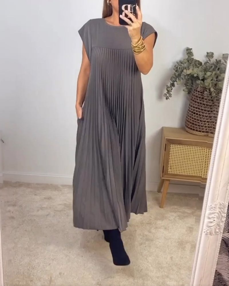 lusailstore - Women Pleated Simple Solid Color Dress