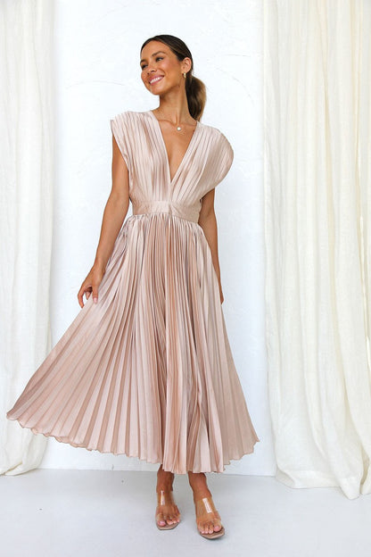 lusailstore - Draped V-Neck Pleated Skirt Dress