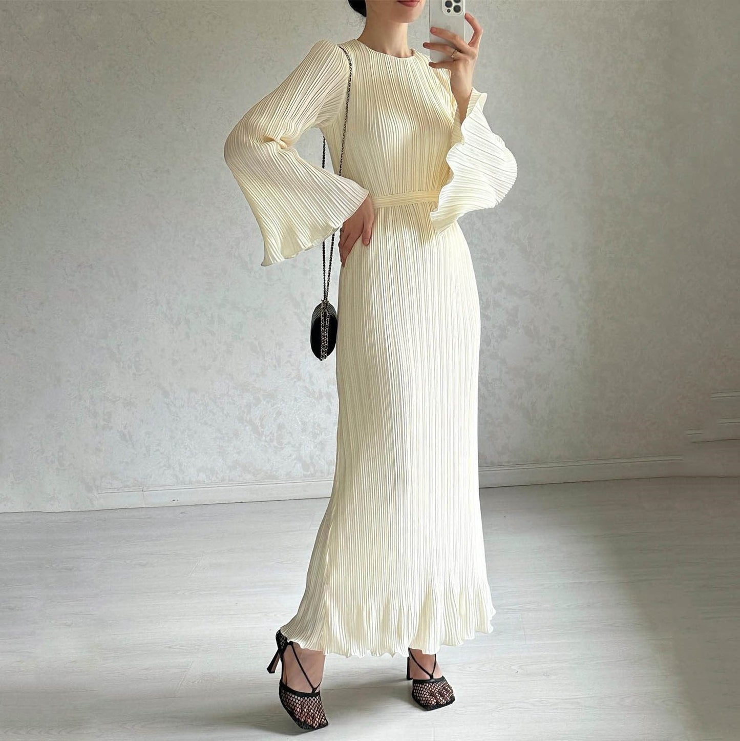 lusailstore - Pleated Bell Sleeve Maxi Dress