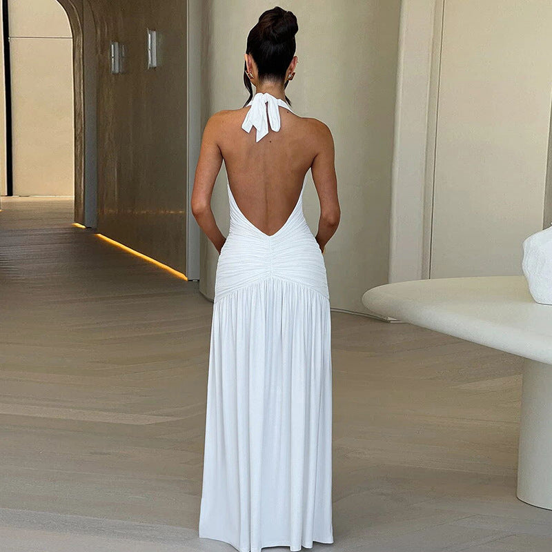 lusailstore - Halter neck V-neck open back pleated slit high waist midi dress