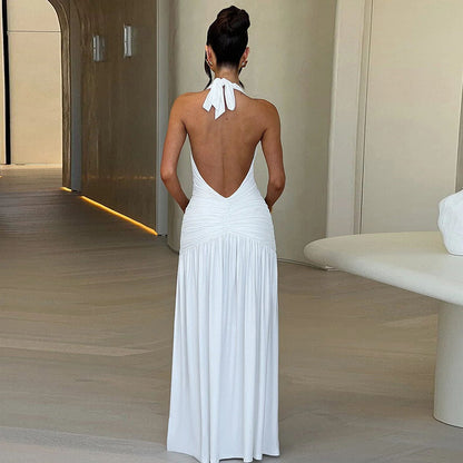 lusailstore - Halter neck V-neck open back pleated slit high waist midi dress