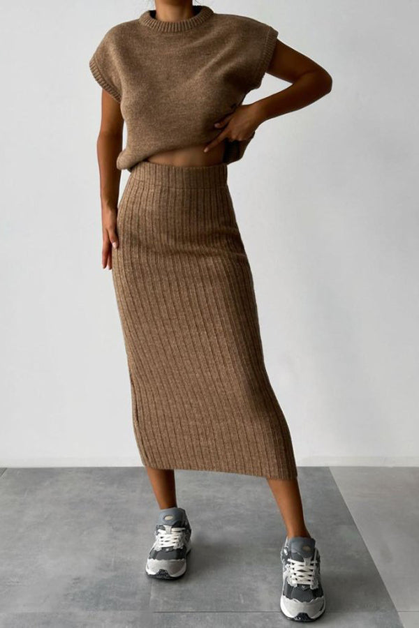 lusailstore - Knit Short Sleeve Sweater and Stretch Ribbed Midi Skirt Set