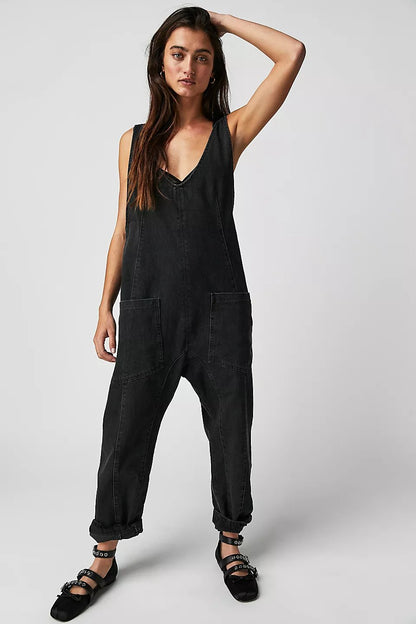 lusailstore- Denim Jumpsuit With Pockets