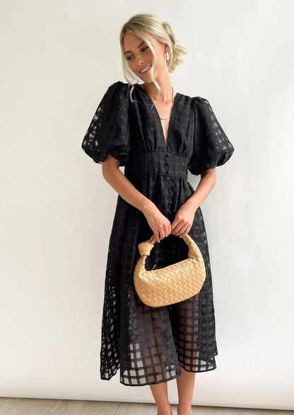 lusailstore- Beautiful square pattern fabric puff sleeve midi