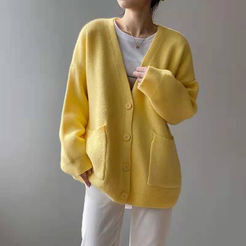 lusailstore - Lazy-style Solid-color Knitted Cardigan