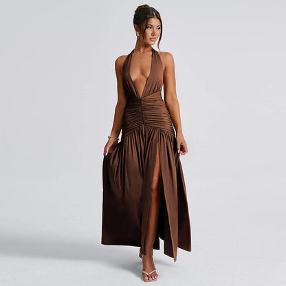 lusailstore - Halter neck V-neck open back pleated slit high waist midi dress