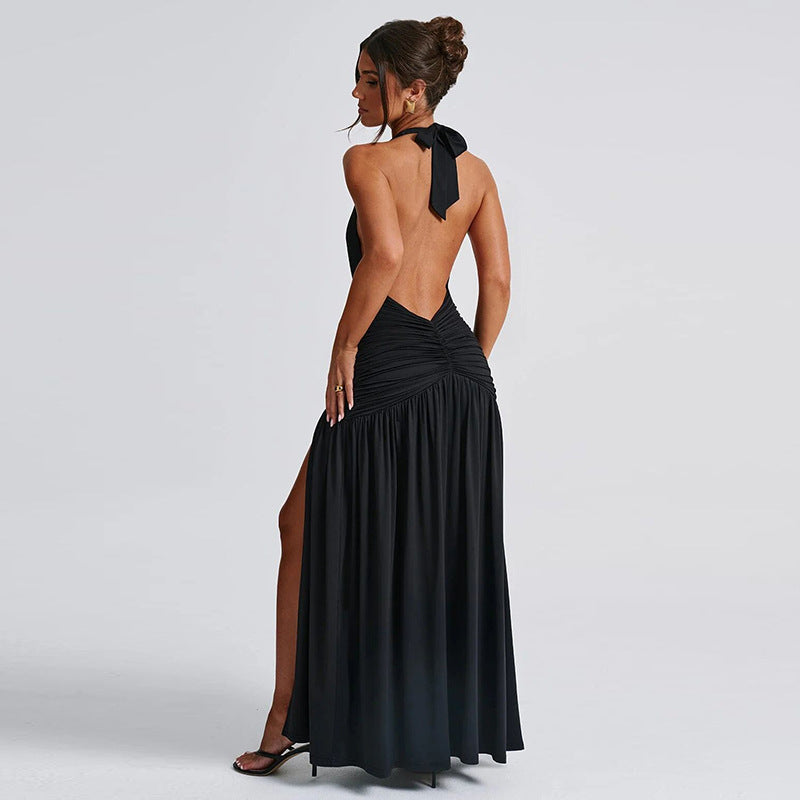 lusailstore - Halter neck V-neck open back pleated slit high waist midi dress
