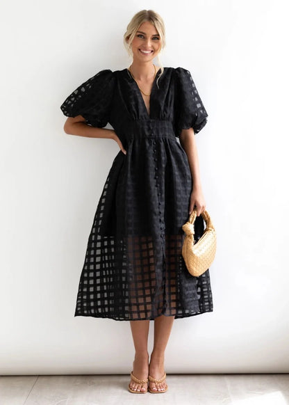 lusailstore- Beautiful square pattern fabric puff sleeve midi