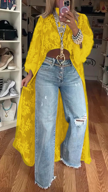 lusailstore - women's round neck lace short-front-long-back casual tops