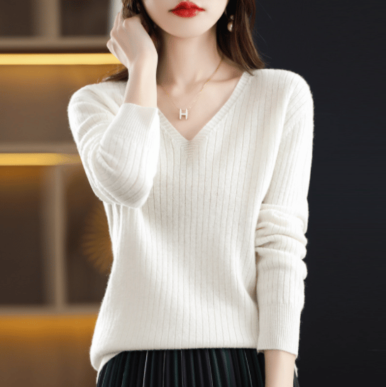 lusailstore- V-Neck Pullover Long Sleeve Solid Color Cashmere Sweater