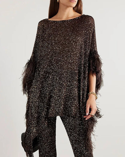 lusailstore - Feather-trimmed sequined top and trousers two-piece set