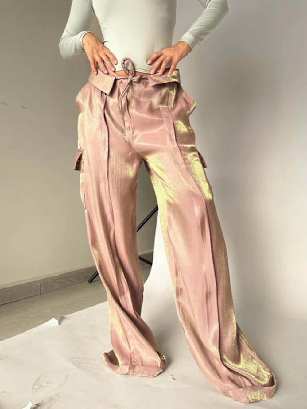 lusailstore - Golden Years Glitter Fabric Drawstring Waist Pocketed Wide Leg Pants