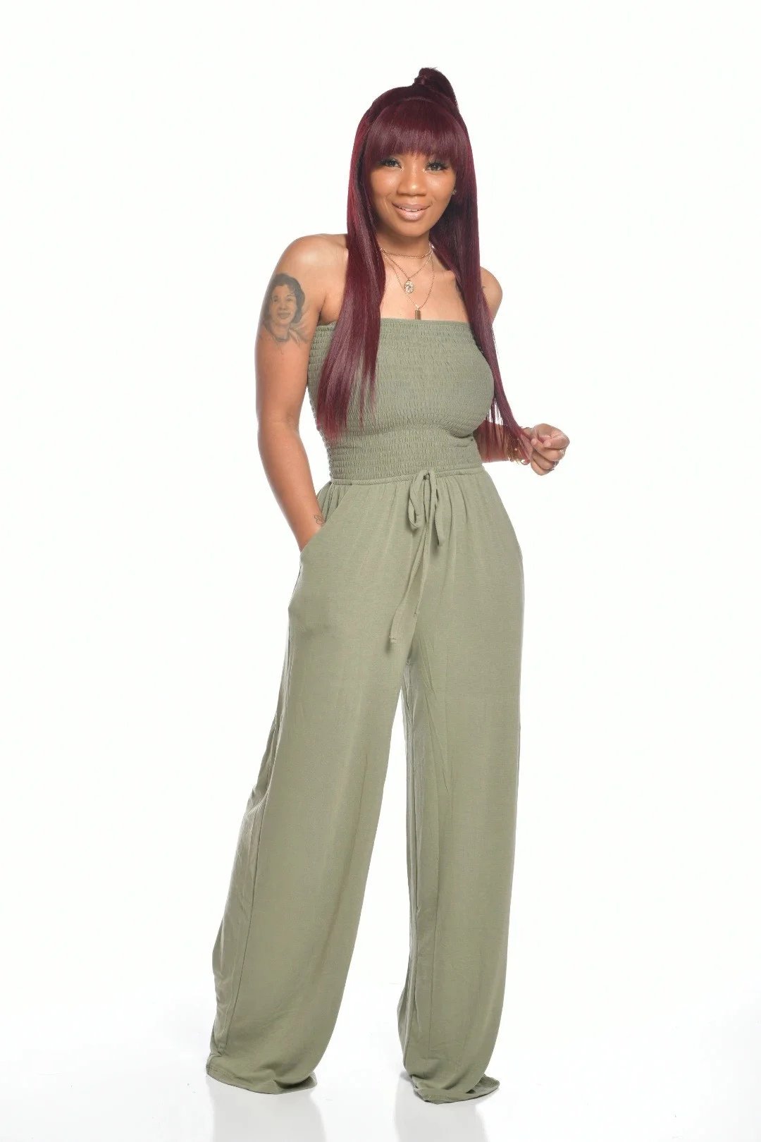 lusailstore - Off Shoulder Solid Color Smocked Jumpsuit