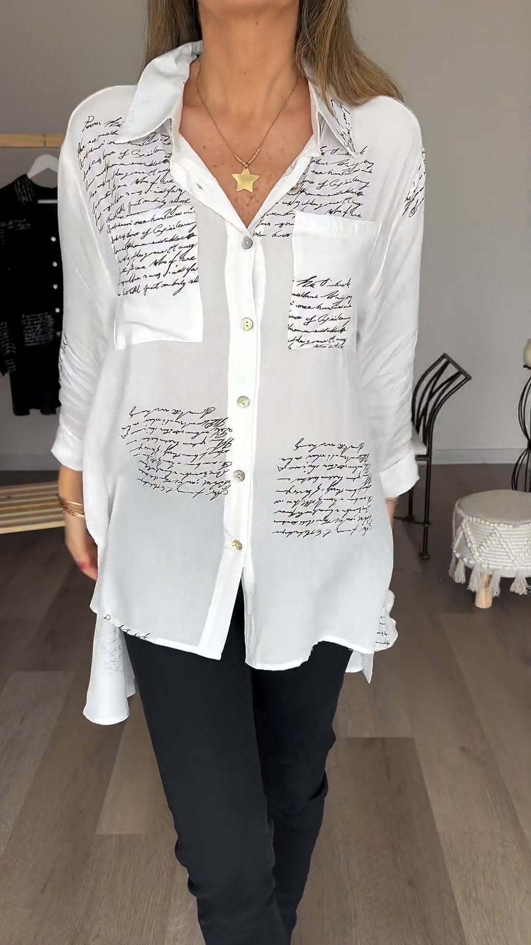 lusailstore - Letter Print Fashion Lapel Shirt