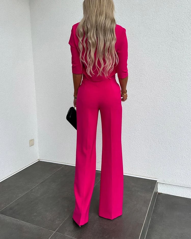 lusailstore- Fashionable solid color high waisted straight pants suit