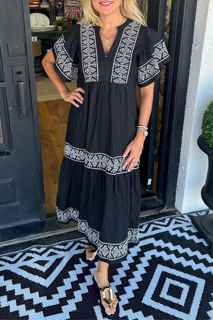 lusailstore - Geometric print patchwork V-neck A-line short-sleeved dress