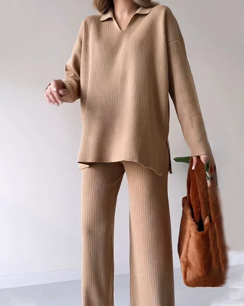 lusailstore - V-neck casual slit knitted two-piece set