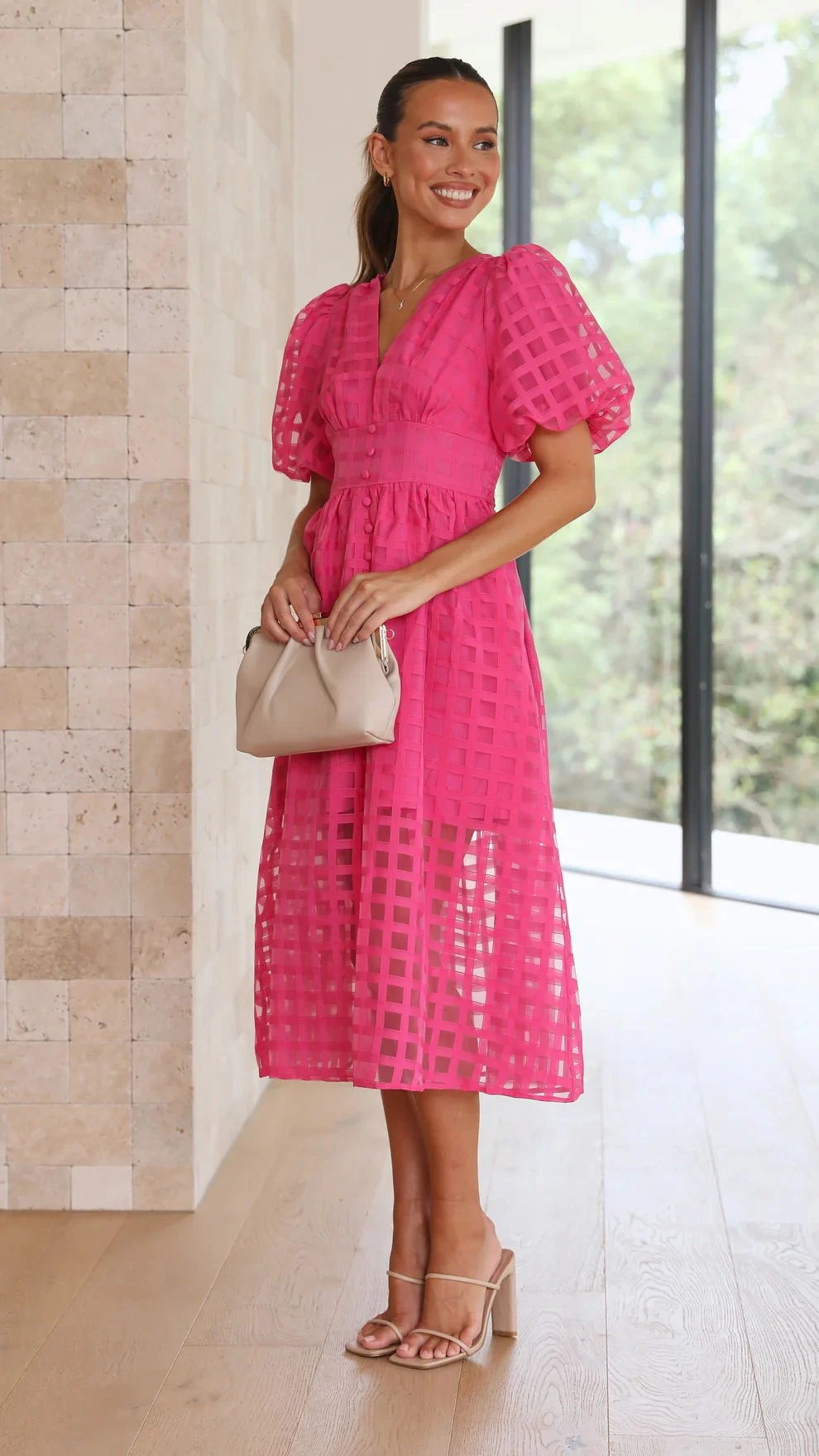 lusailstore- Beautiful square pattern fabric puff sleeve midi