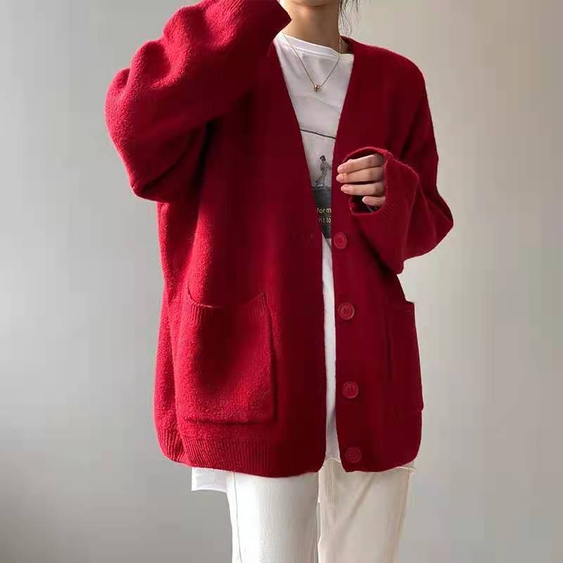 lusailstore - Lazy-style Solid-color Knitted Cardigan