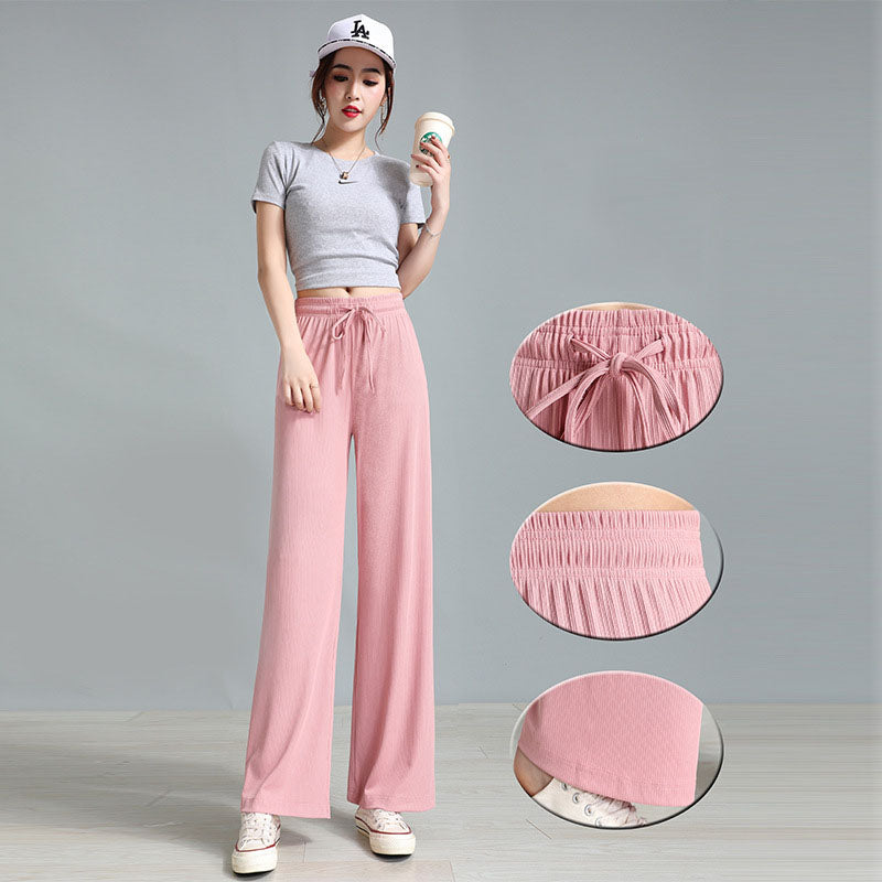 lusailstore - Drawstring Ice Silk Wide-Leg Lounge Pants