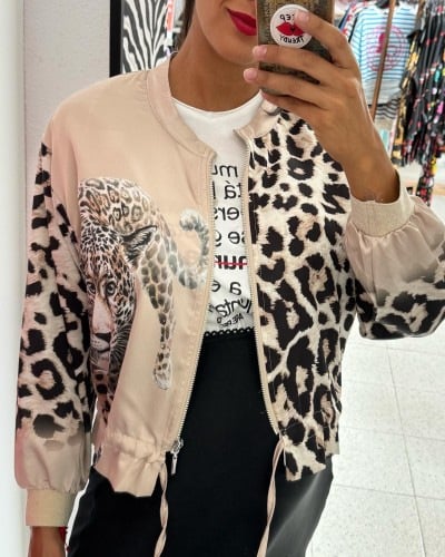 lusailstore - Leopard print drawstring bomber jacket