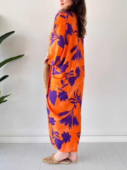 lusailstore - Fashion Printed Bat Sleeve V-Neck Dress