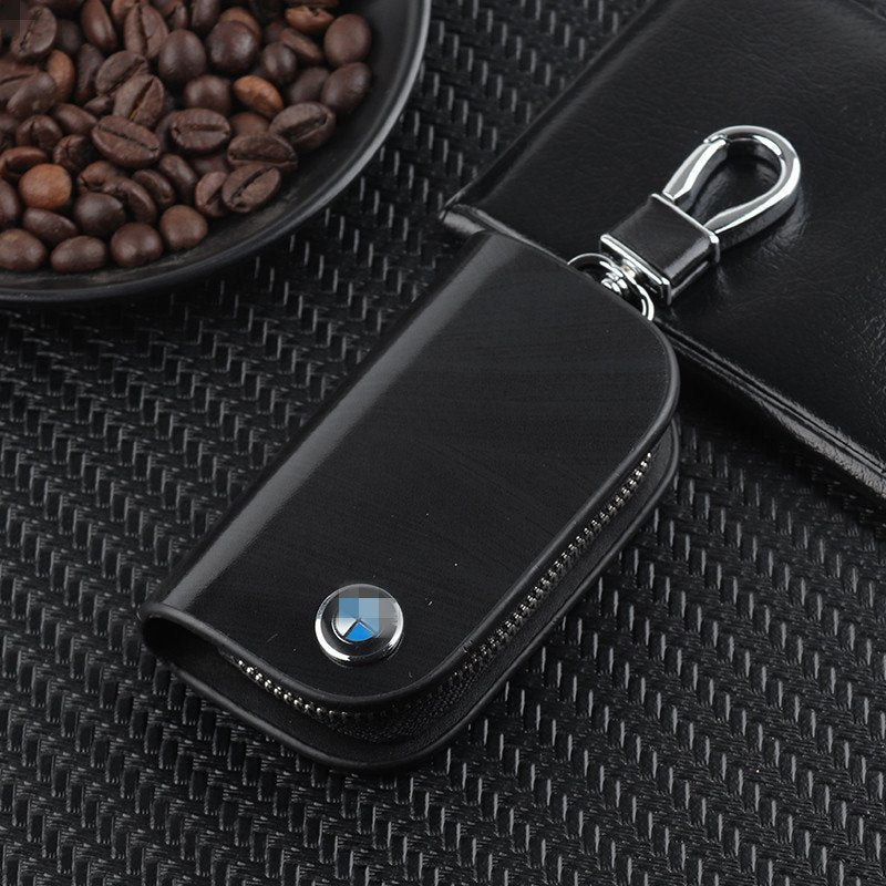 lusailstore - car logo leather wood grain car key case