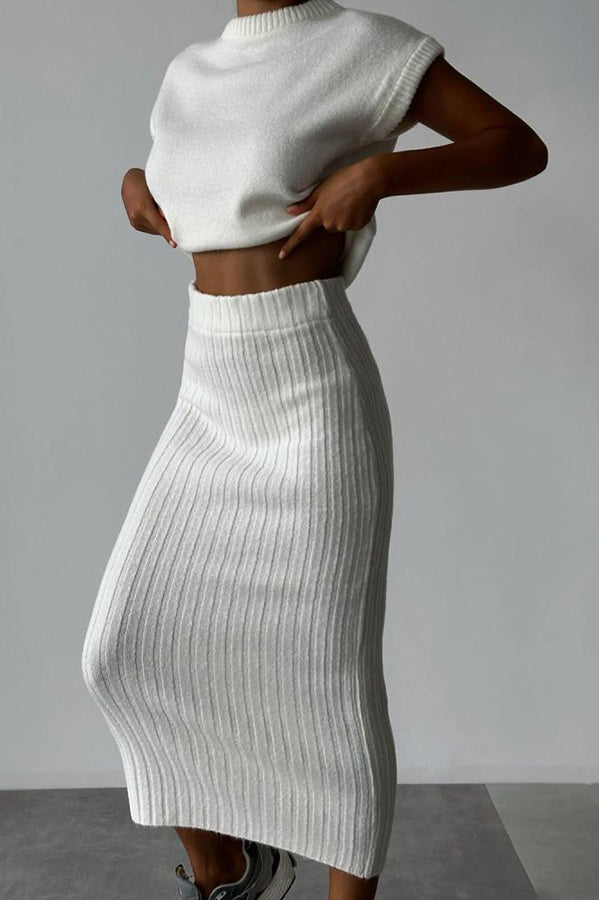 lusailstore - Knit Short Sleeve Sweater and Stretch Ribbed Midi Skirt Set