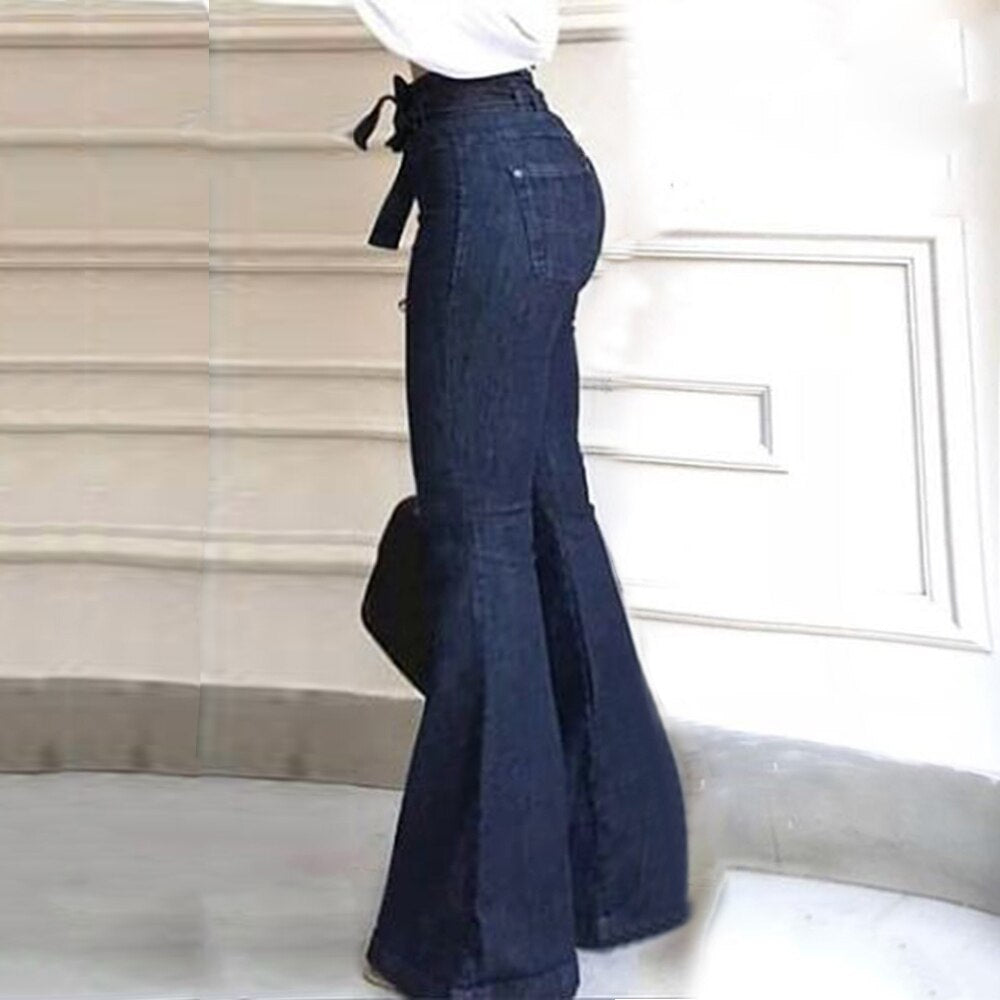 lusailstore - Women High Waist Bandage Wide Leg Denim Jeans