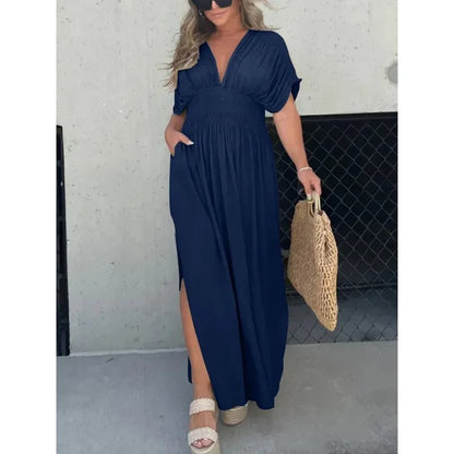 lusailstore - Slit V-neck casual long dress