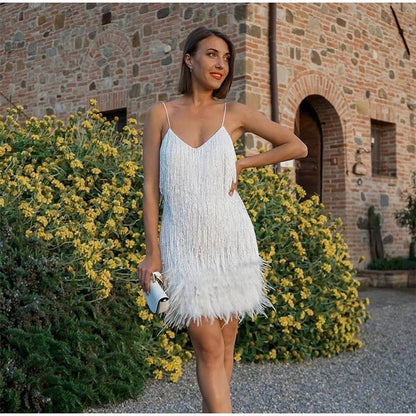 lusailstore - Women's Feather Fringe Sequin Spaghetti Strap Dress