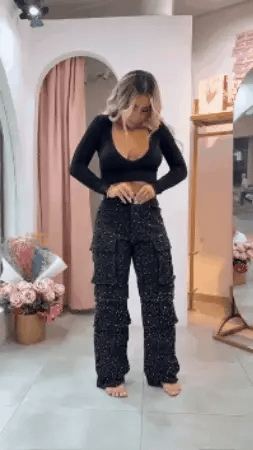 lusailstore - Casual street style rhinestone-studded cargo jeans