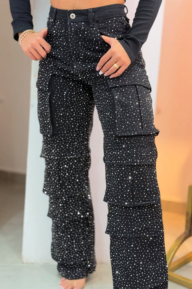 lusailstore - Casual street style rhinestone-studded cargo jeans